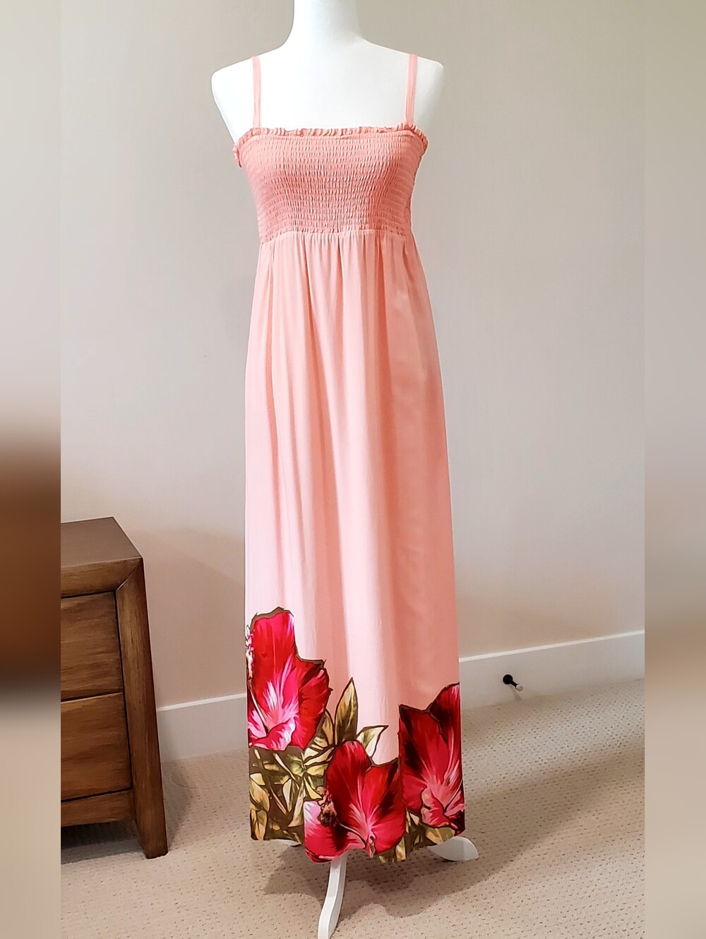 Tommy Bahama Lined Pink Hibiscus Smocked Bodice Spaghetti Strap Maxi Dress, Med